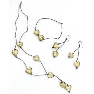 925 Mexico Silver Necklace Bracelet Earrings Set Foil Glass Hearts Taxco Style